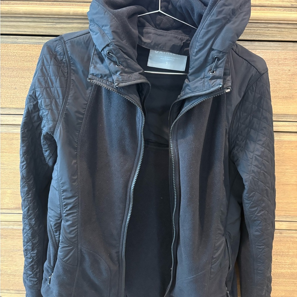 Athleta Black Jacket with detachable Hood and Quilted Design